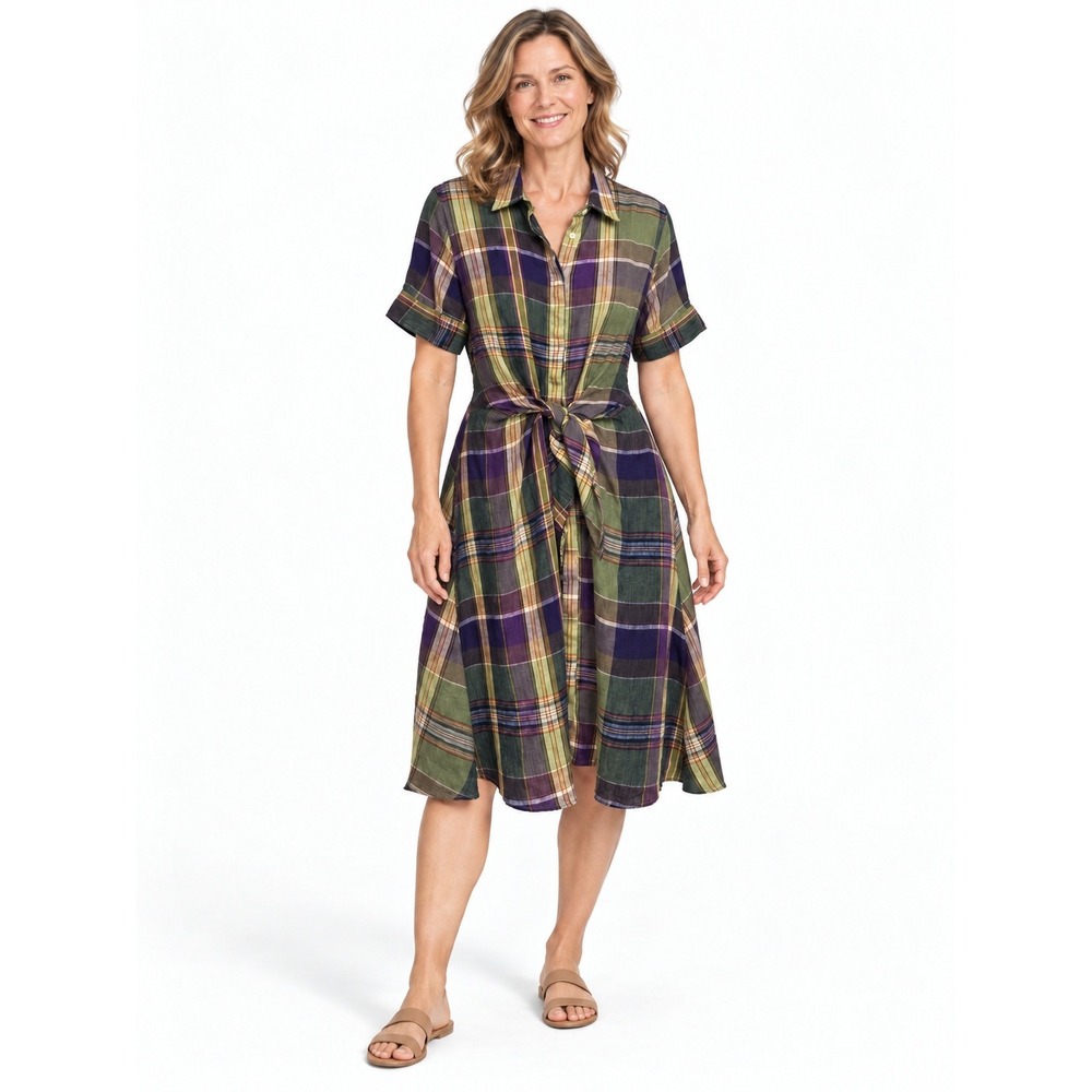 Lauren Ralph Lauren Shirt Dress Linen Plaid Sz 10 Purple Green Tie Front Preppy